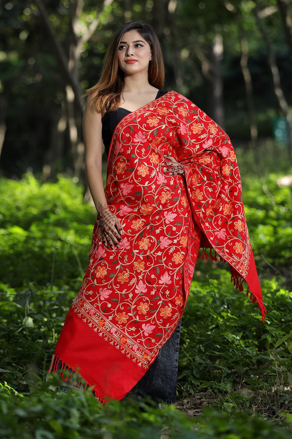 Red Colour Wolen Base With Rich All Over Kashmiri Jaal