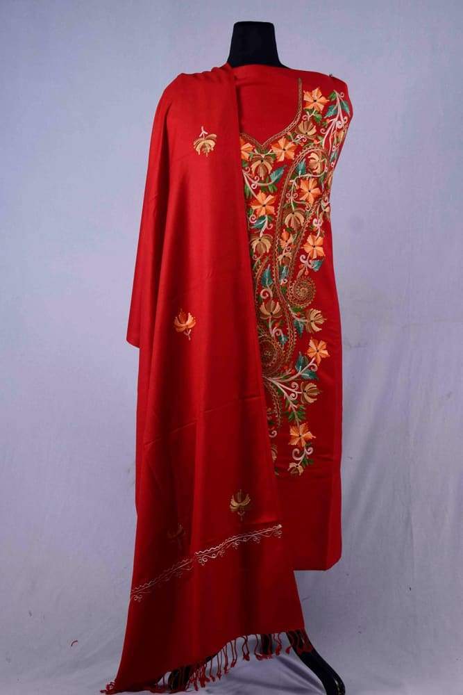 Red Colour Wool Aari Work Suit With Stole Crafted Impeccably