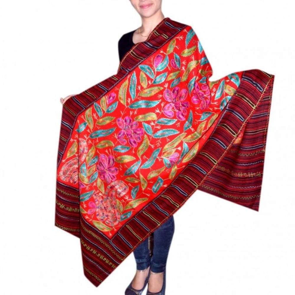 Red Colour Wool Aari Work Women Stole With Multi colour