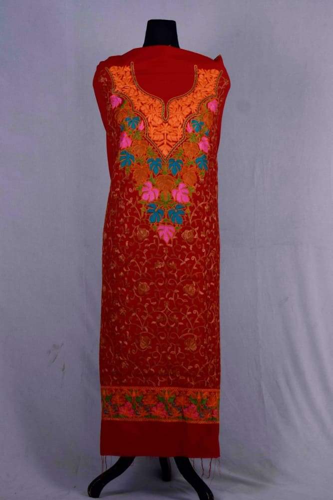 Red Colour Woolen Aari Work Salwar Kameez With Exclusive