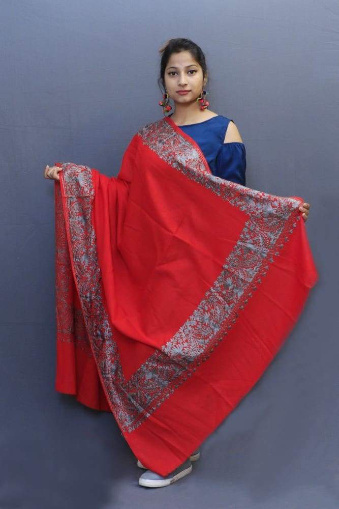 Red Colour Wrap With Grey Aari Embroidery Looks Beautiful