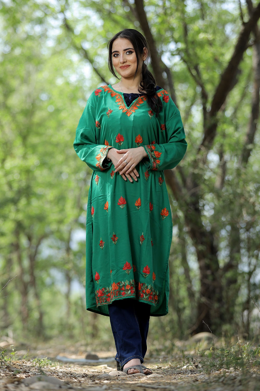 Refreshing Green Colour Cotton Kurti With Kashmiri Motifs