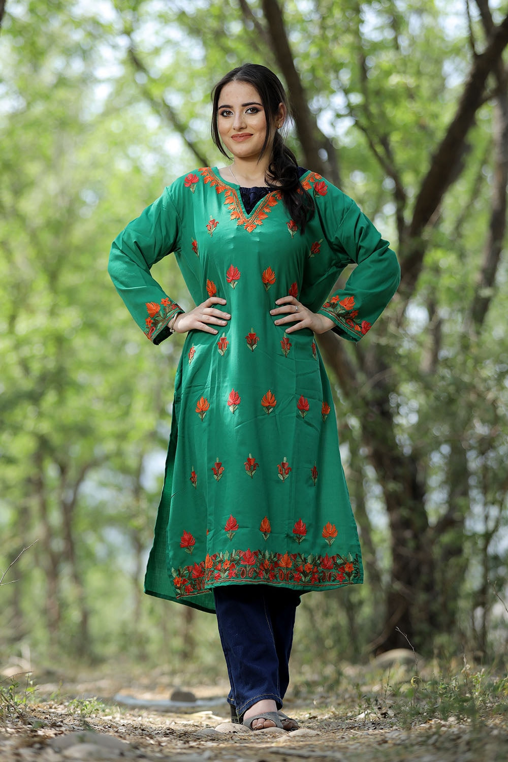 Refreshing Green Colour Cotton Kurti With Kashmiri Motifs