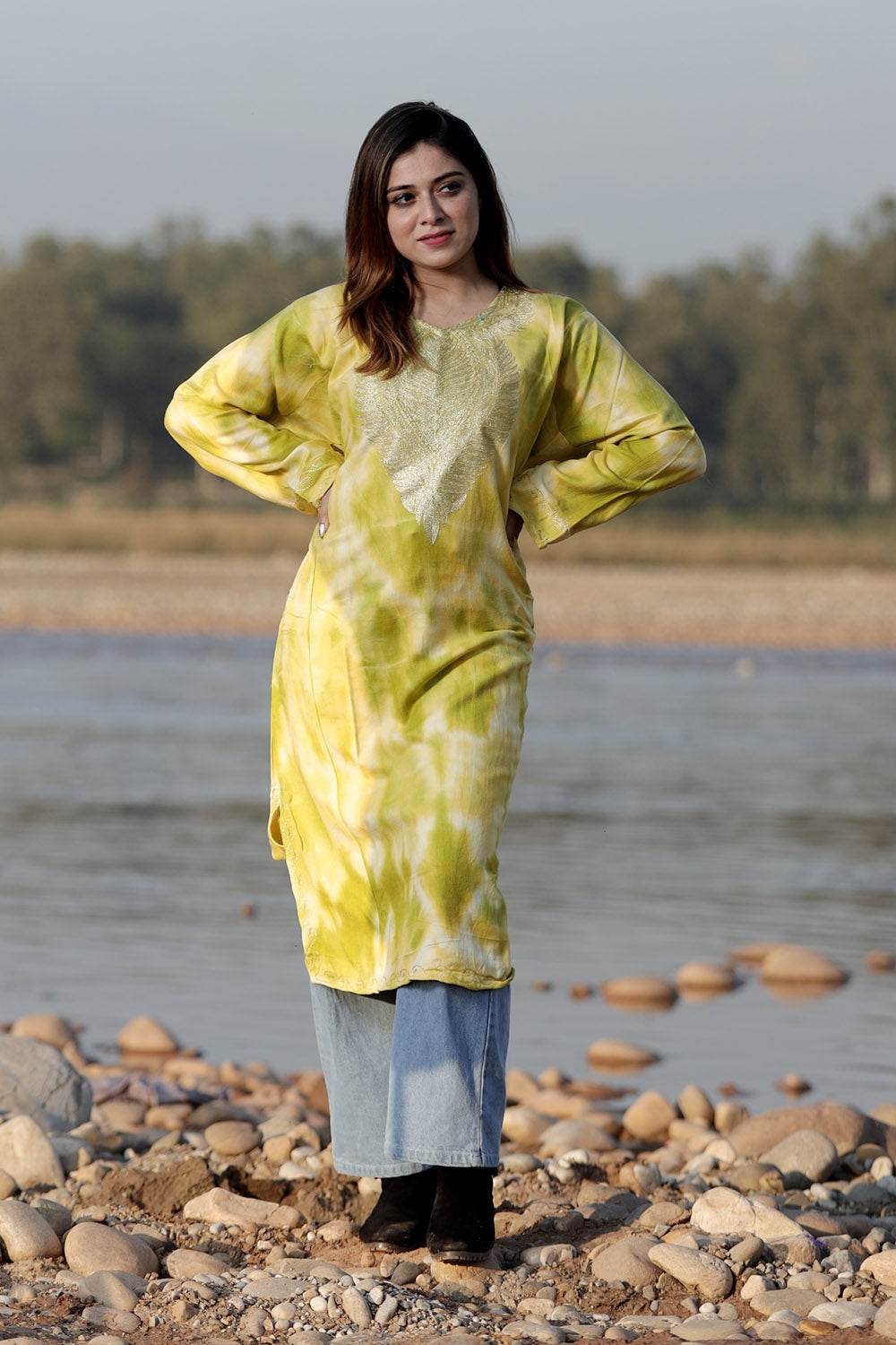 REFRESHING LEMON COLOUR TIE-DYE Aari Tilla Work Embroidered