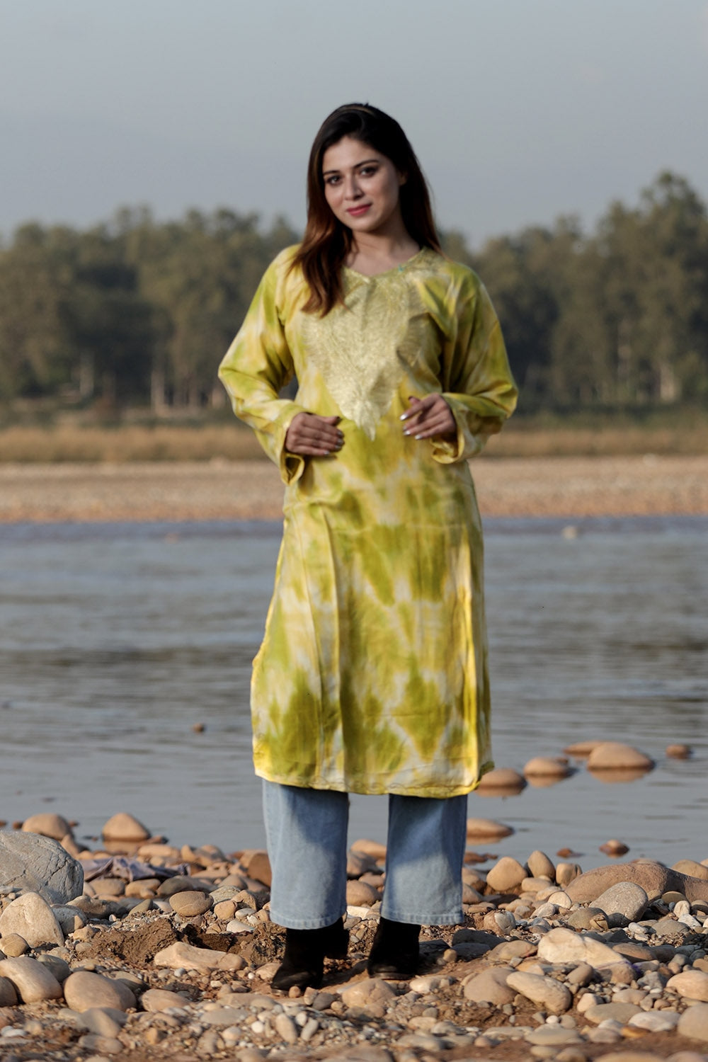 REFRESHING LEMON COLOUR TIE-DYE Aari Tilla Work Embroidered