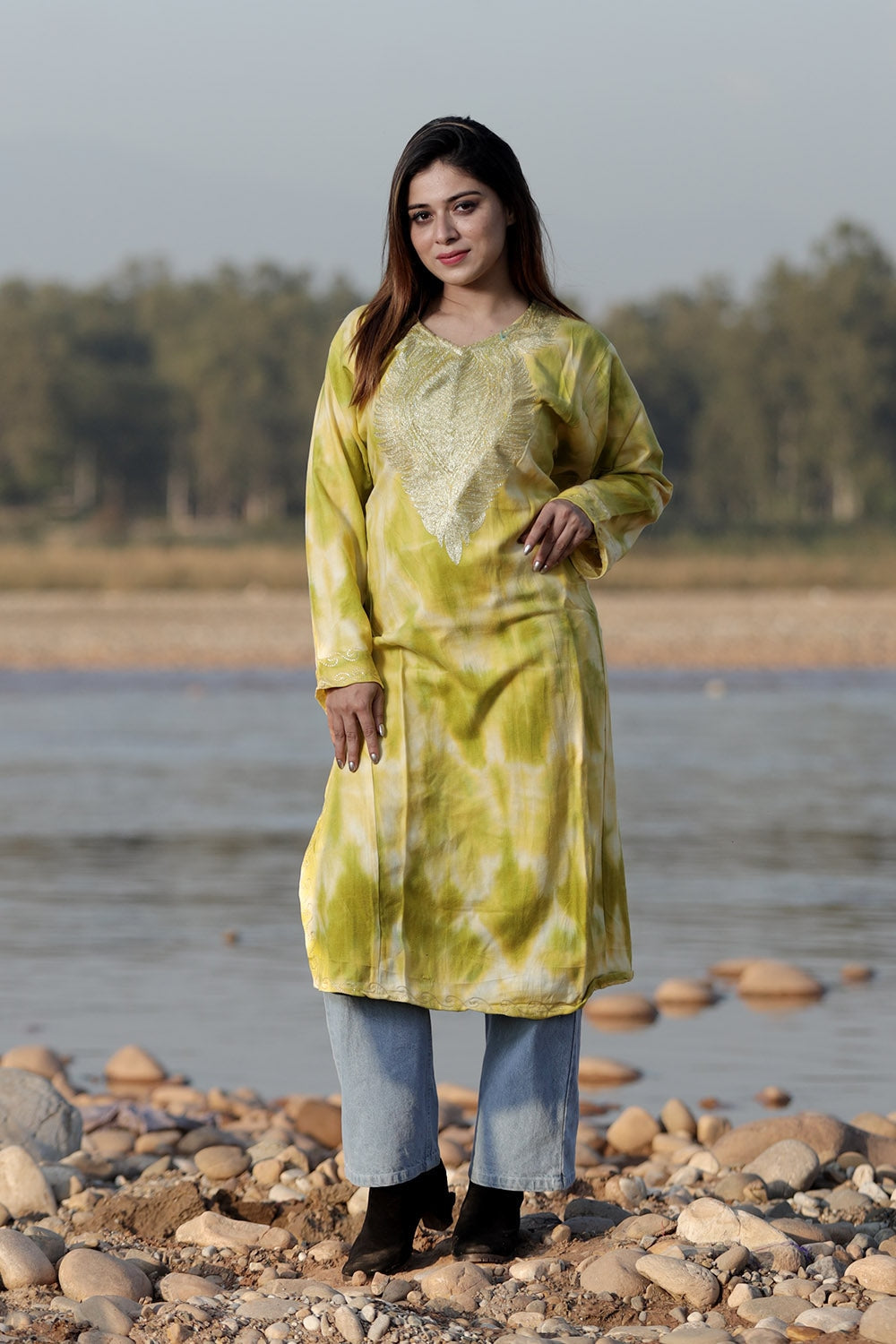 REFRESHING LEMON COLOUR TIE-DYE Aari Tilla Work Embroidered