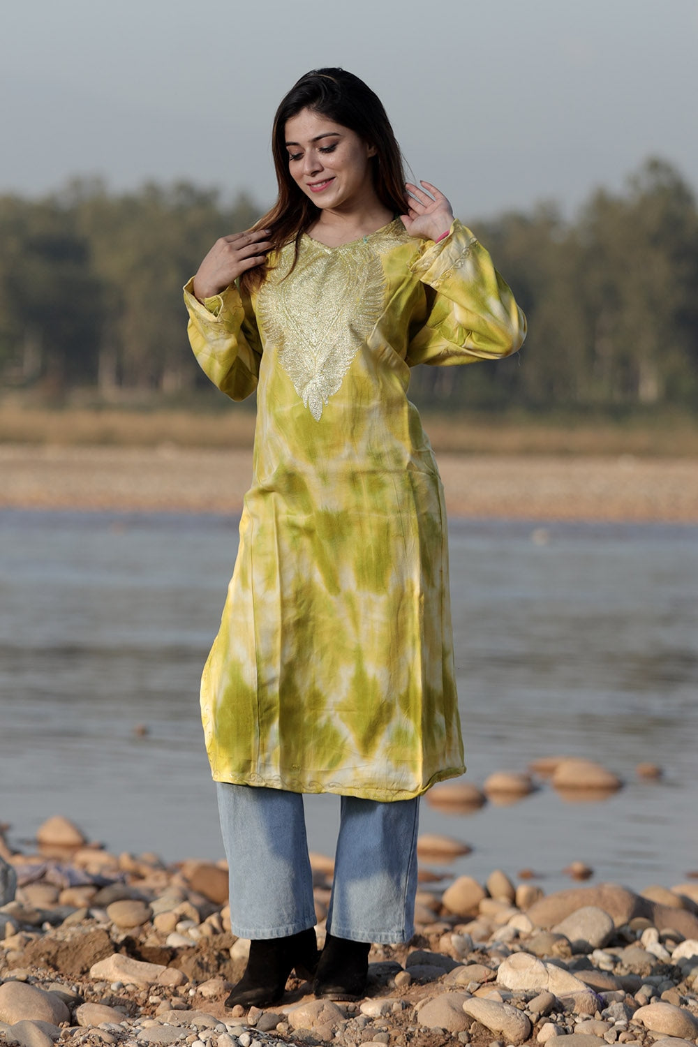 REFRESHING LEMON COLOUR TIE-DYE Aari Tilla Work Embroidered