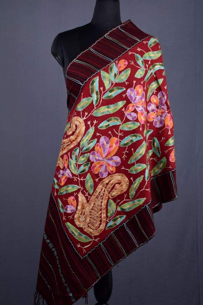 Rich Maroon Colour Kashmiri Aari Work Stole With Exclusive