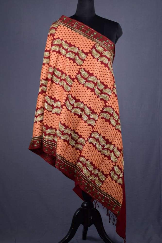 Rich Maroon Colour Kashmiri Aari Work Stole With Exclusive