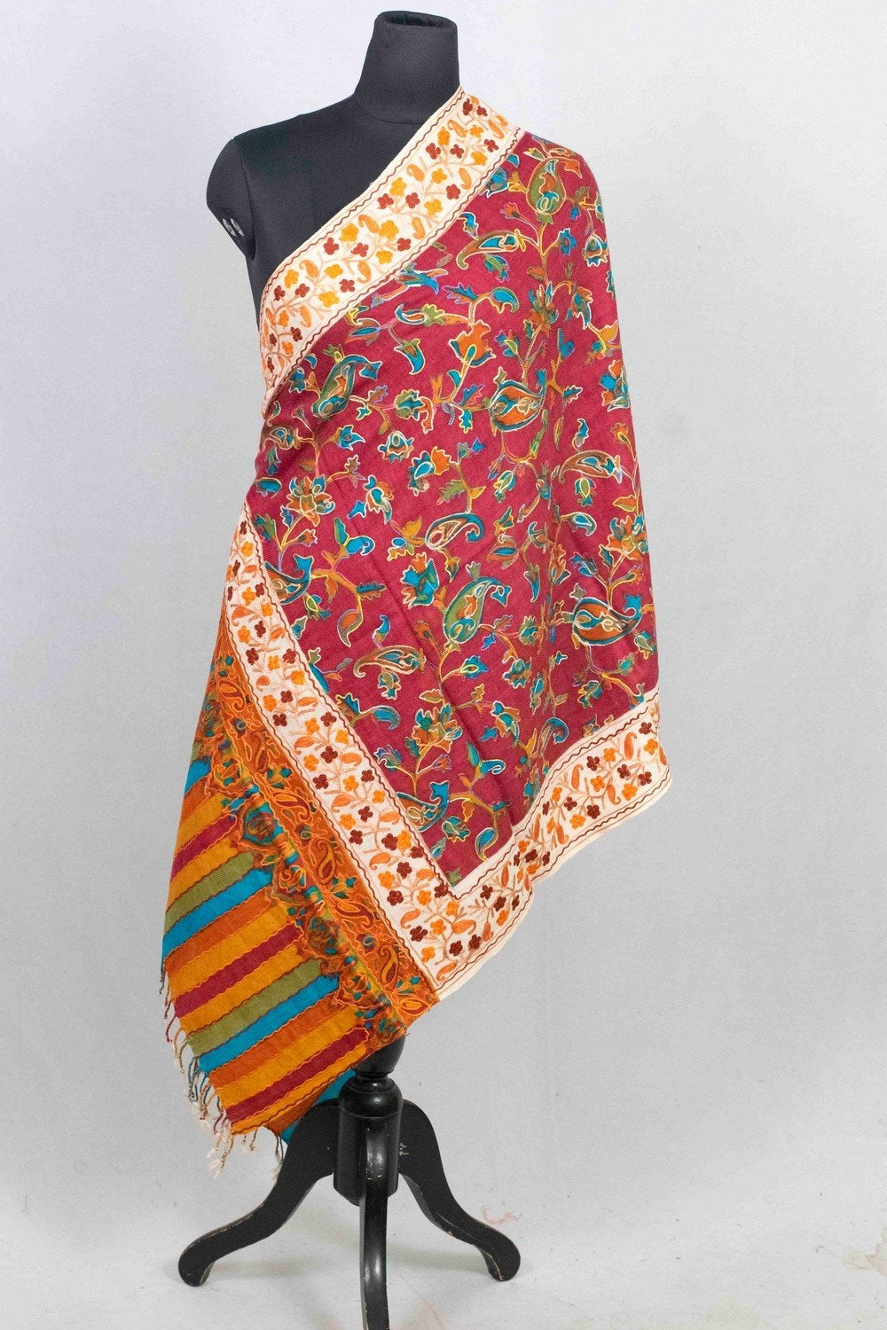 Roseate Wine Multicolor Aari Work Embroidered Stole Enriched