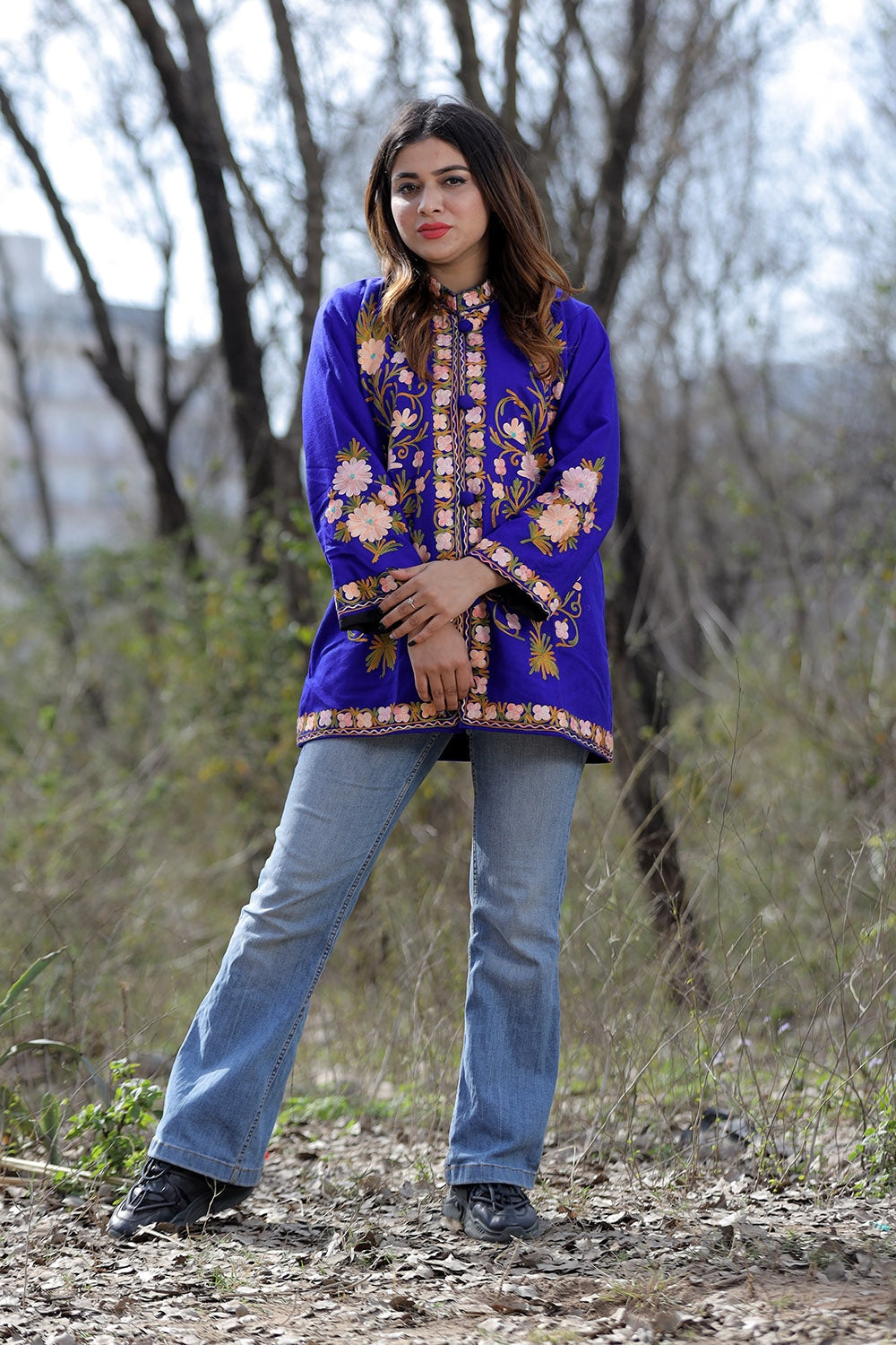 Royal Blue Aari Work Embroidered Jacket With Beautiful