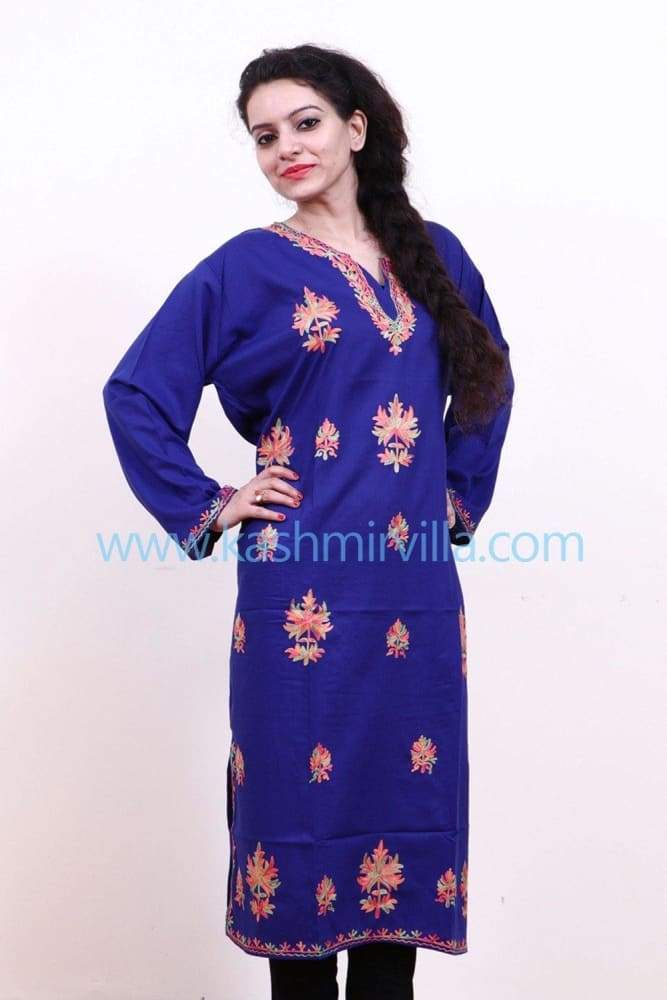Royal Blue Colour Cotton Kurti With Kashmiri Motifs Latest