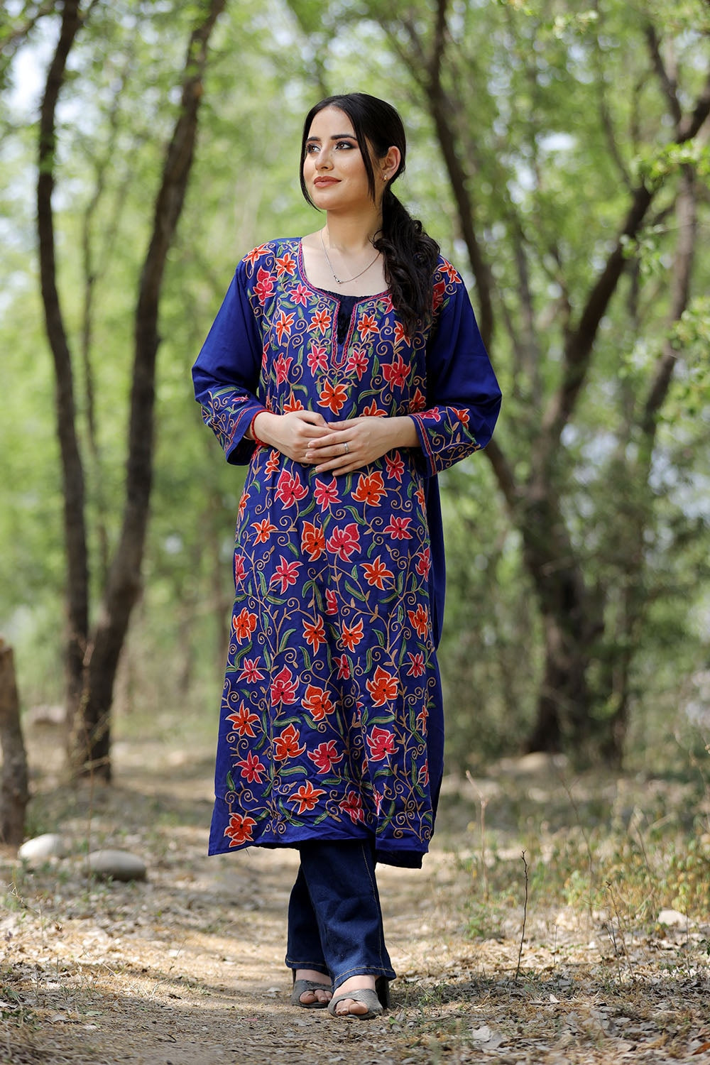 Royal Blue Colour Cotton Kurti With Multicolour Embroidered