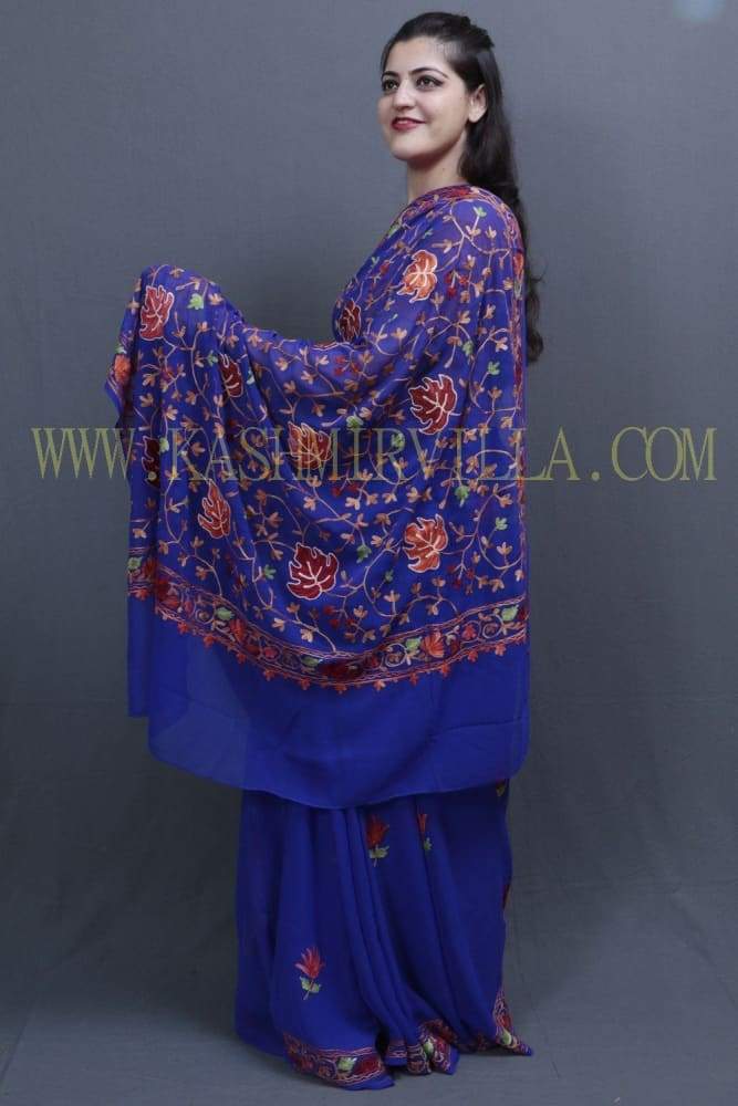 Royal Blue Colour Kashida Work Saree With Wonderful
