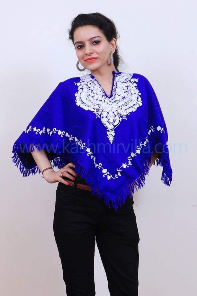 Royal Blue Colour Ponchu With Elegant Kashmiri Embroidery.