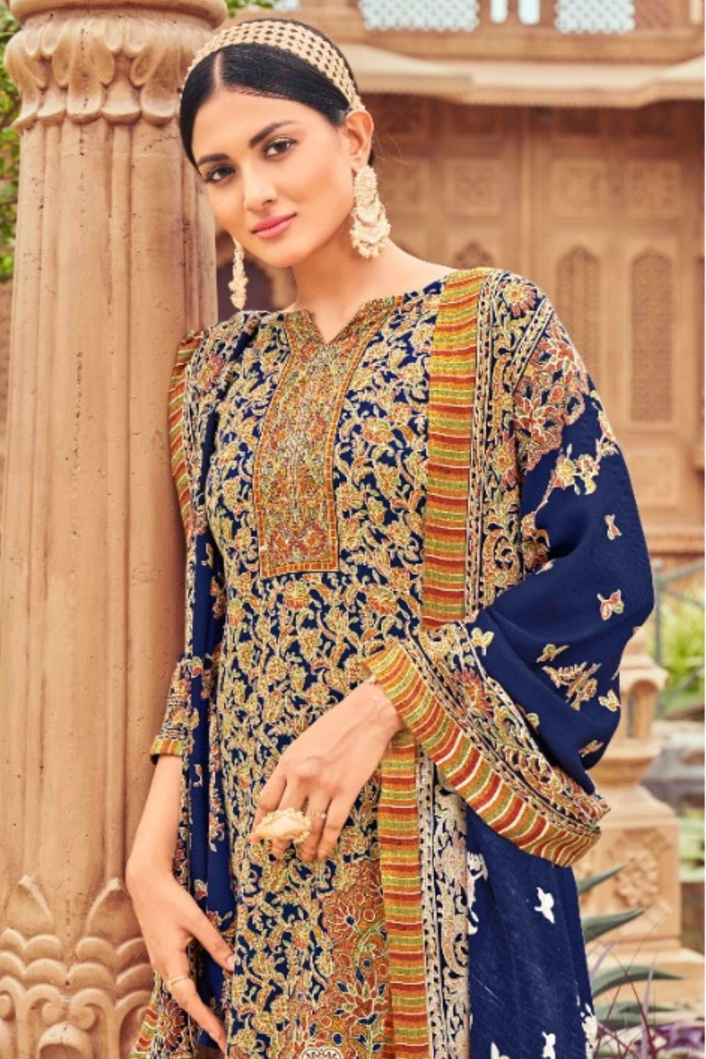 Royal Blue Colour Printed Woolen Unstitched Suit Fabric