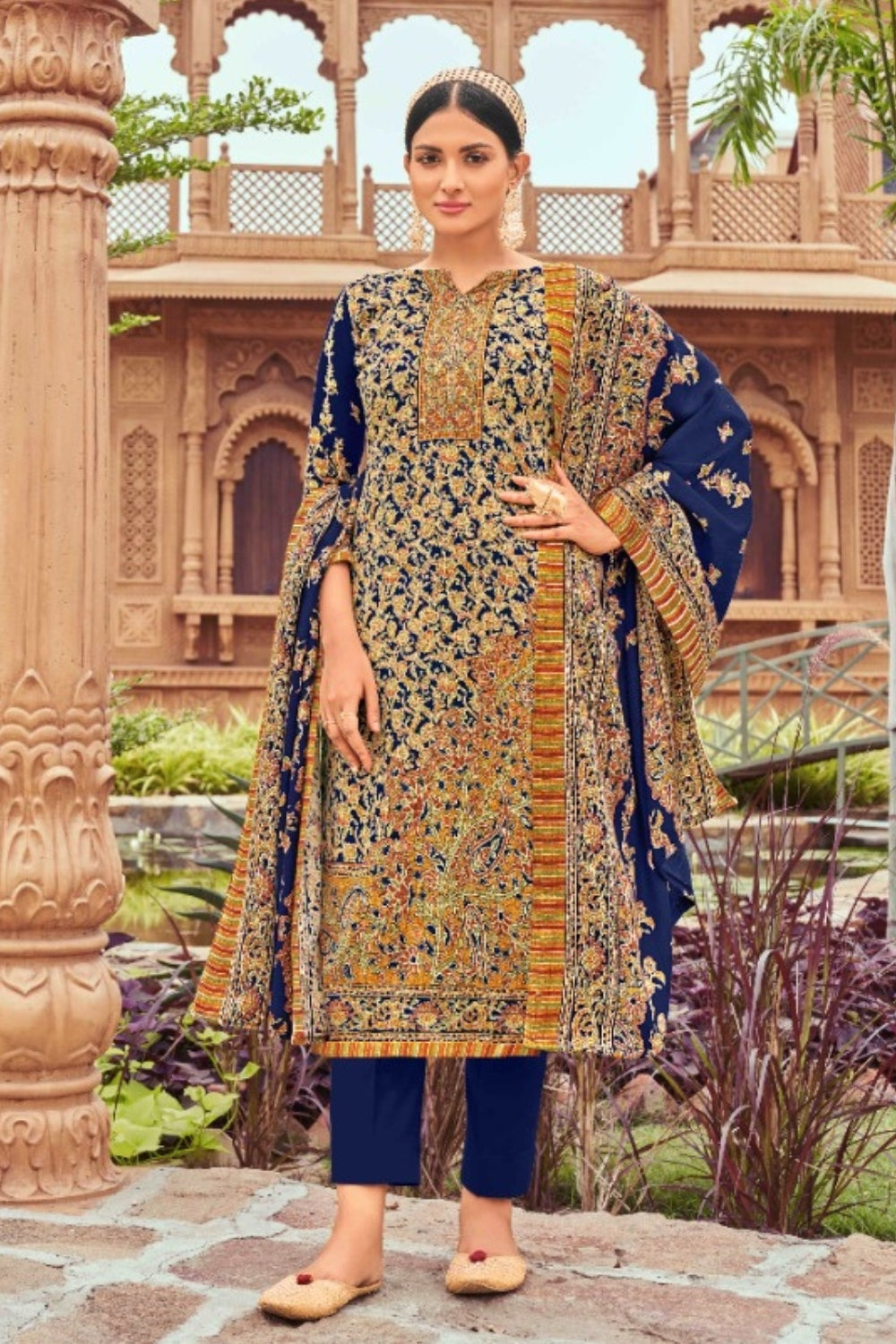 Royal Blue Colour Printed Woolen Unstitched Suit Fabric