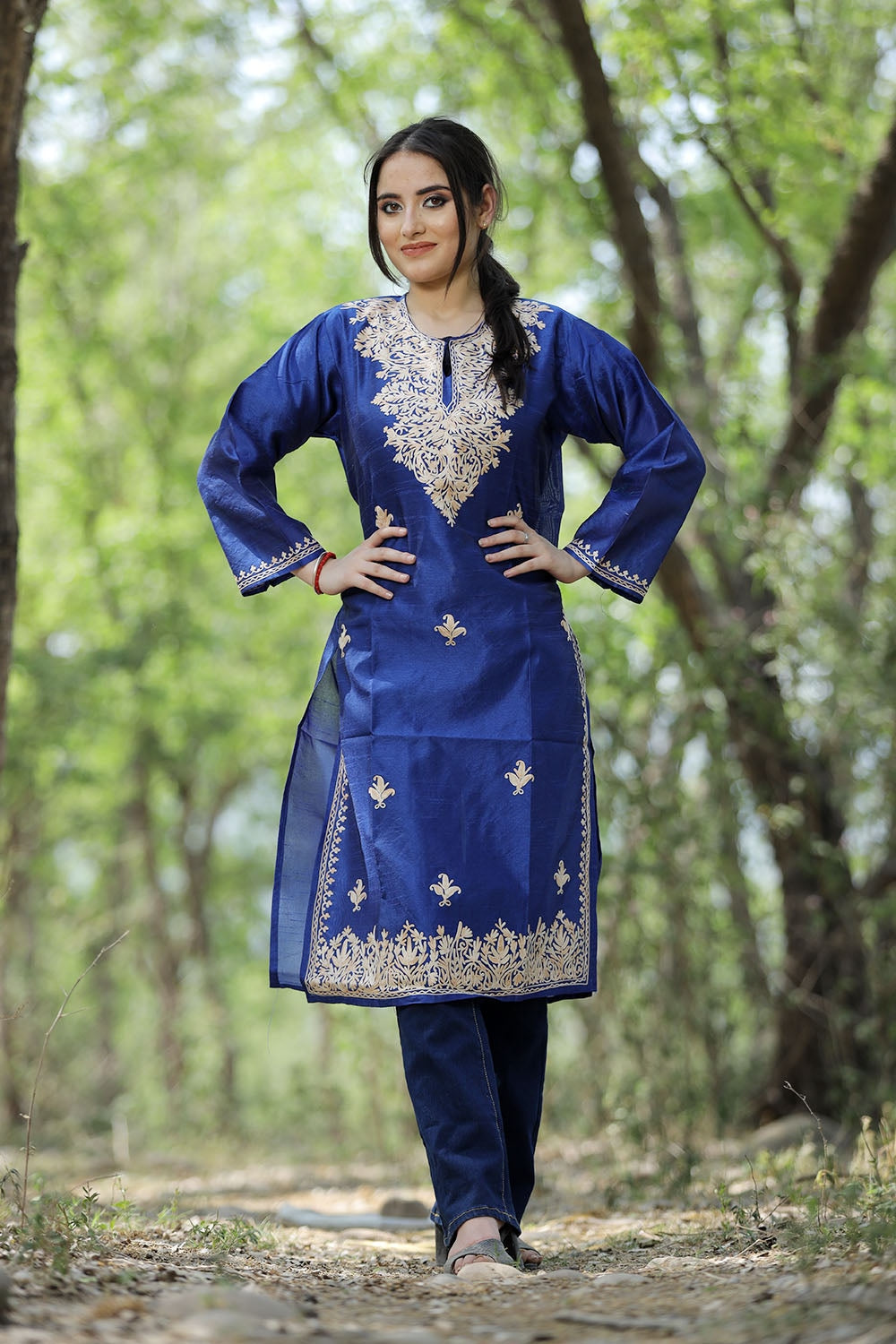 Royal Blue Colour Rayon Silk Kurti With Beautiful Aari