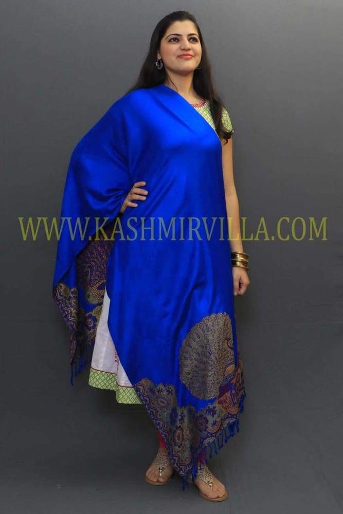 Royal Blue Colour Soft Textured Wrap With Peacock Printing