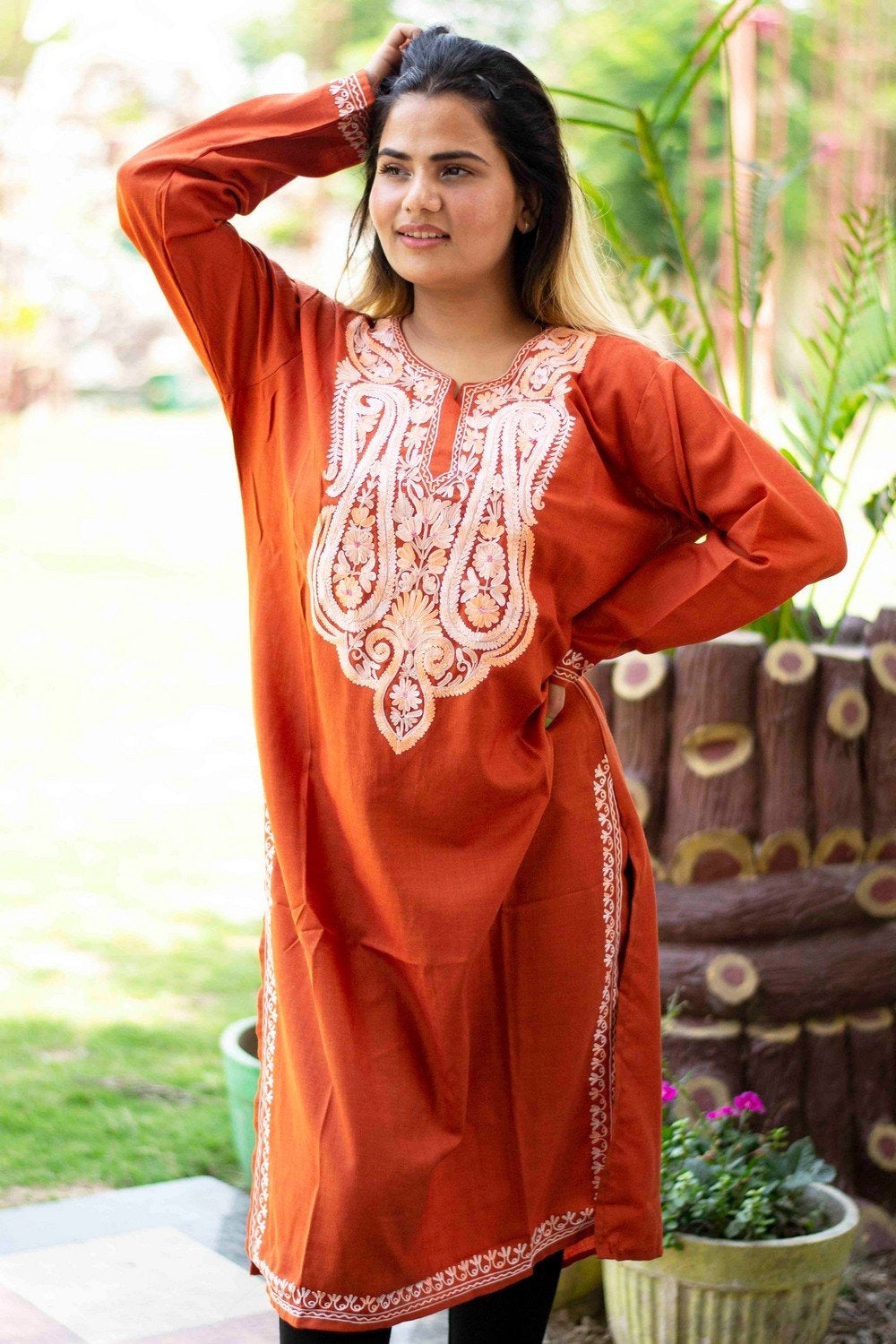 Rust Colour Cotton Kurti With Beautiful Aari Embroidery