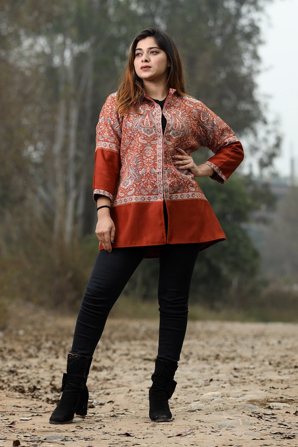 Rust Colour Jamawar Woven Jacket With Beautiful Designer