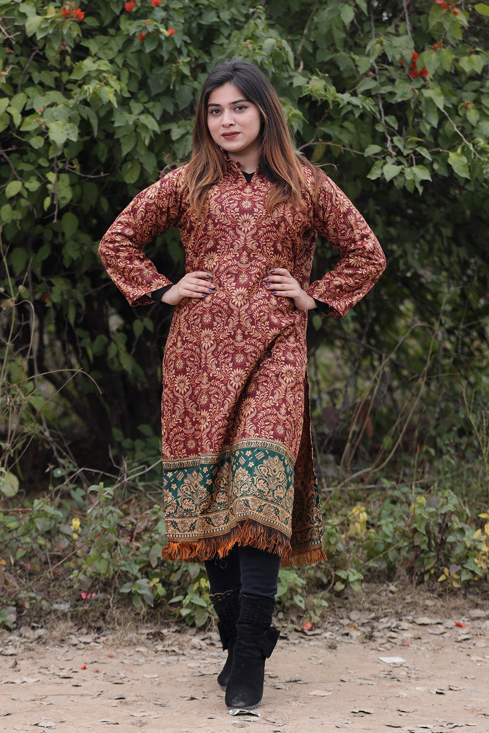 Elevate Your Style with a trendy Woolen Suit Neck Design from Libas.