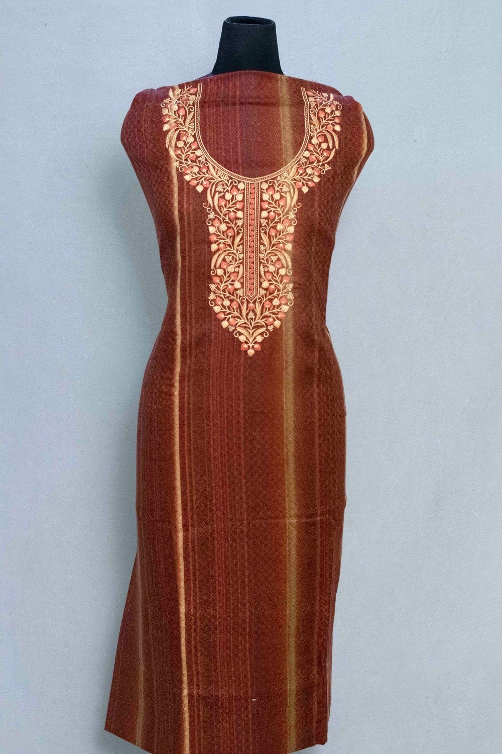 Rust Colour Woolen Kani Printed Suit With Neck And Over All