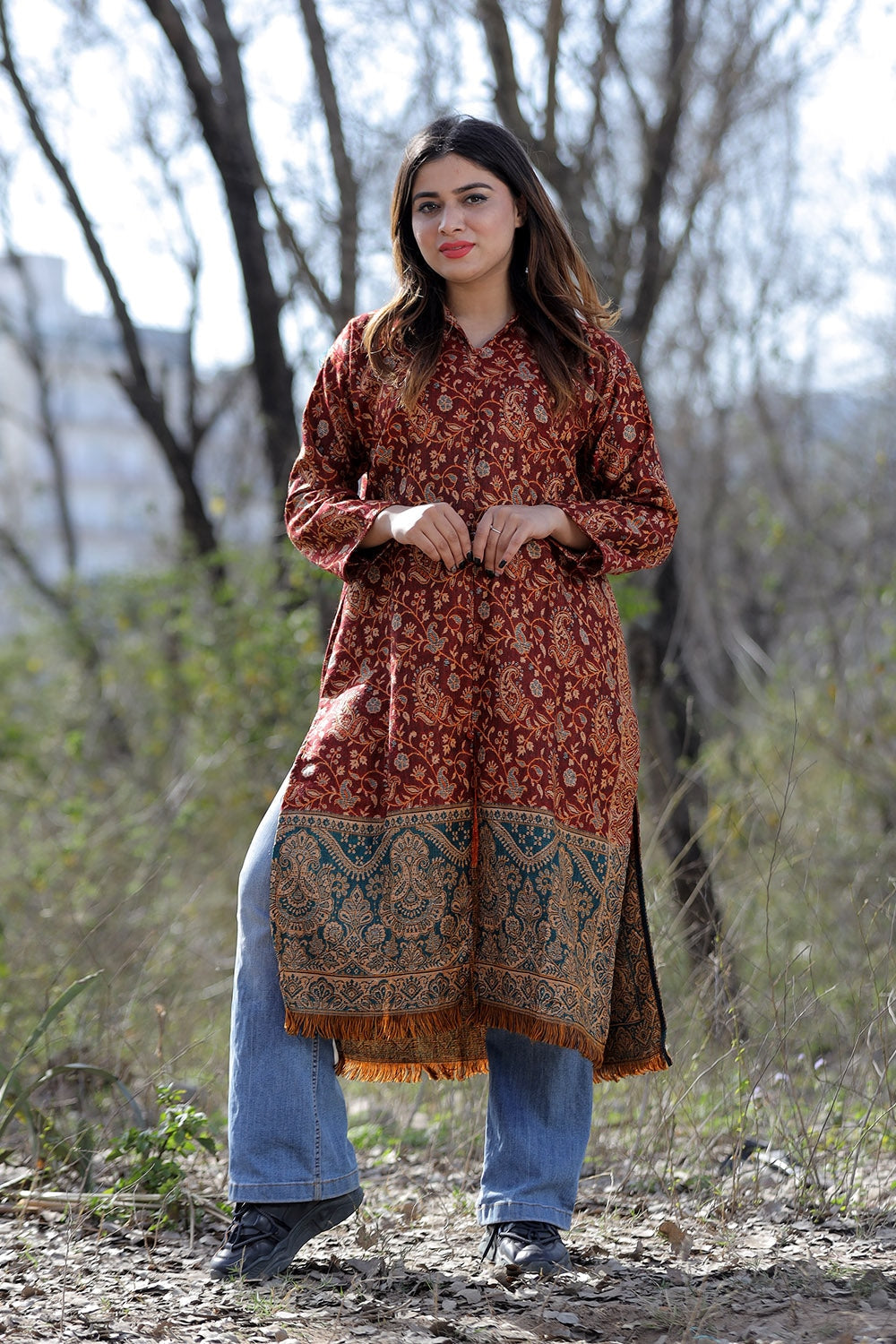 Rust Maroon Color Kashmiri Woven Sherwani Kurti