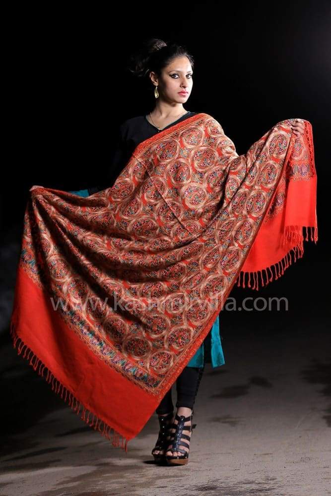 Scarlet Red Color Jamawar Aari Work Embroidered Shawls