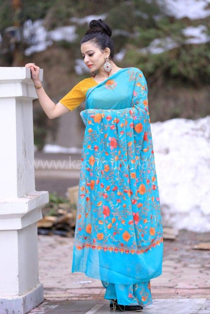 Sea Blue Color Kashmiri Aari Work Embroidered Saree