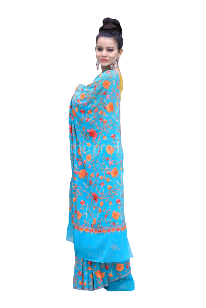 Sea Blue Color Kashmiri Aari Work Embroidered Saree