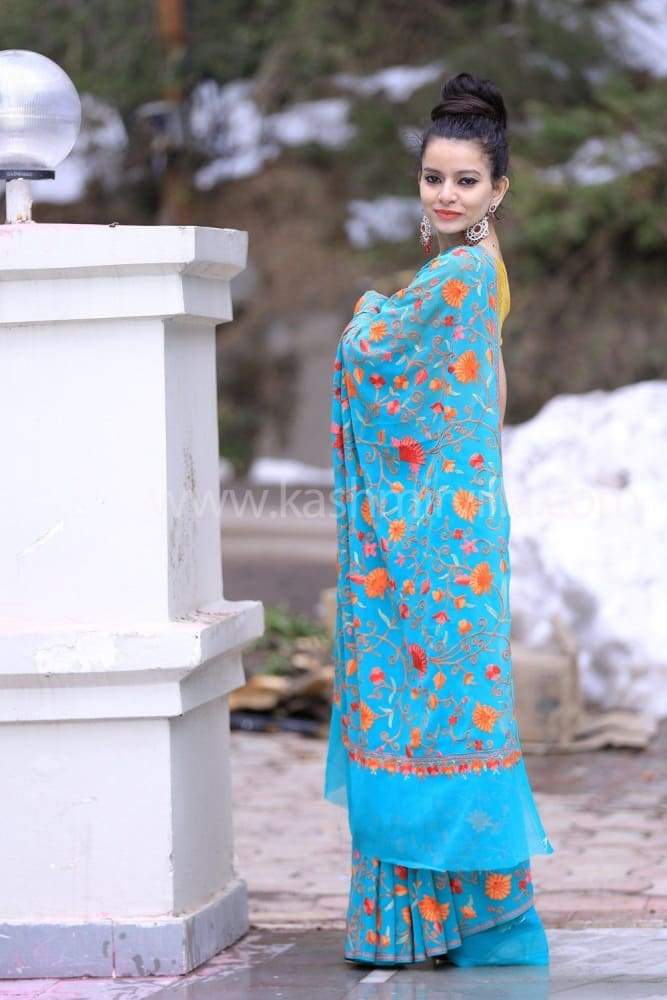 Sea Blue Color Kashmiri Aari Work Embroidered Saree