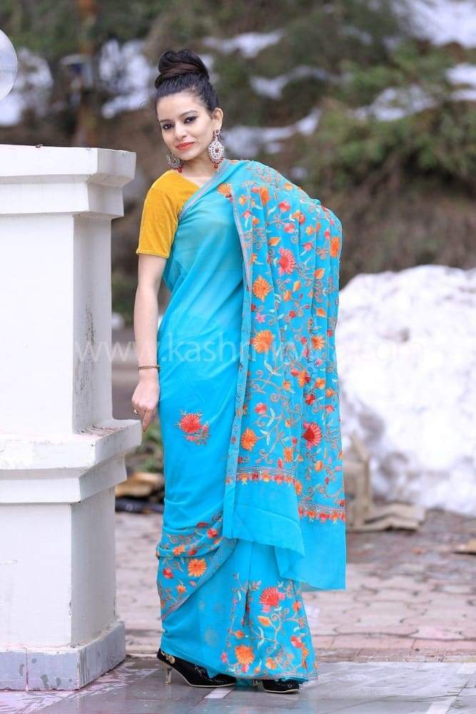 Sea Blue Color Kashmiri Aari Work Embroidered Saree