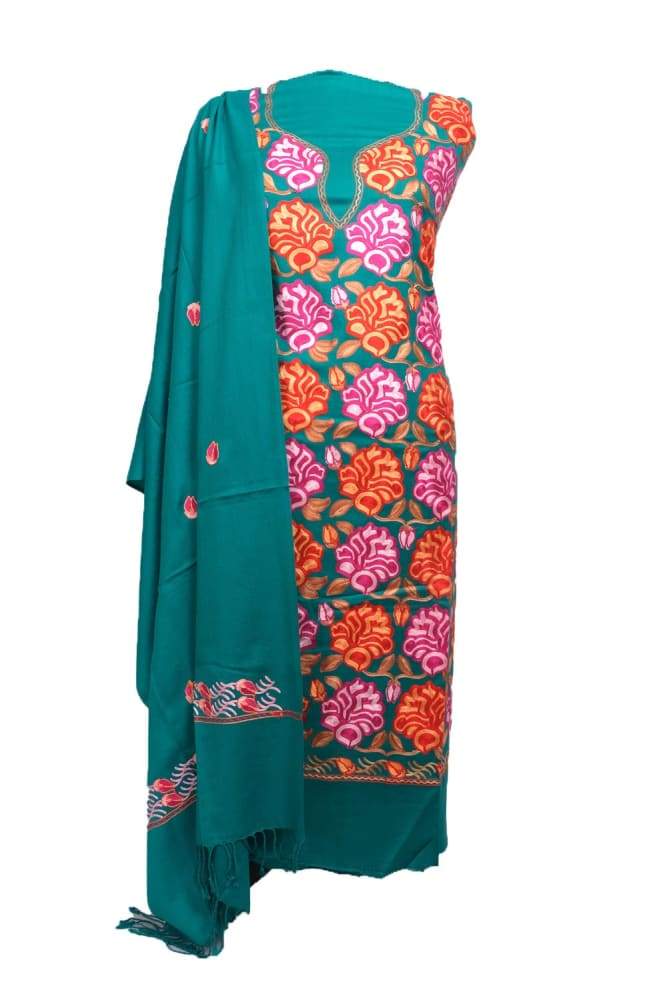 Sea Green Color Kashmiri Aari Work Unstitched Woollen Suit