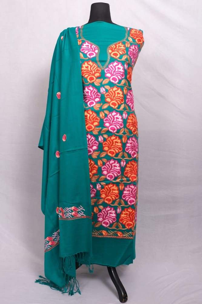 Sea Green Color Kashmiri Aari Work Unstitched Woollen Suit