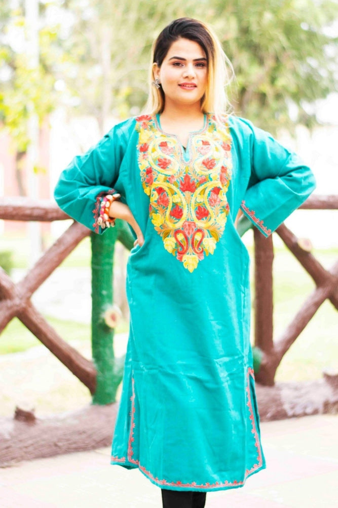 Sea Green Color Kashmiri Work Embroidered Phiran Enriched