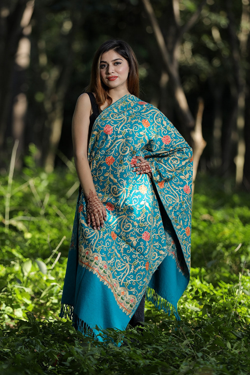 Sea Green Colour Wolen Base With Rich All Over Kashmiri