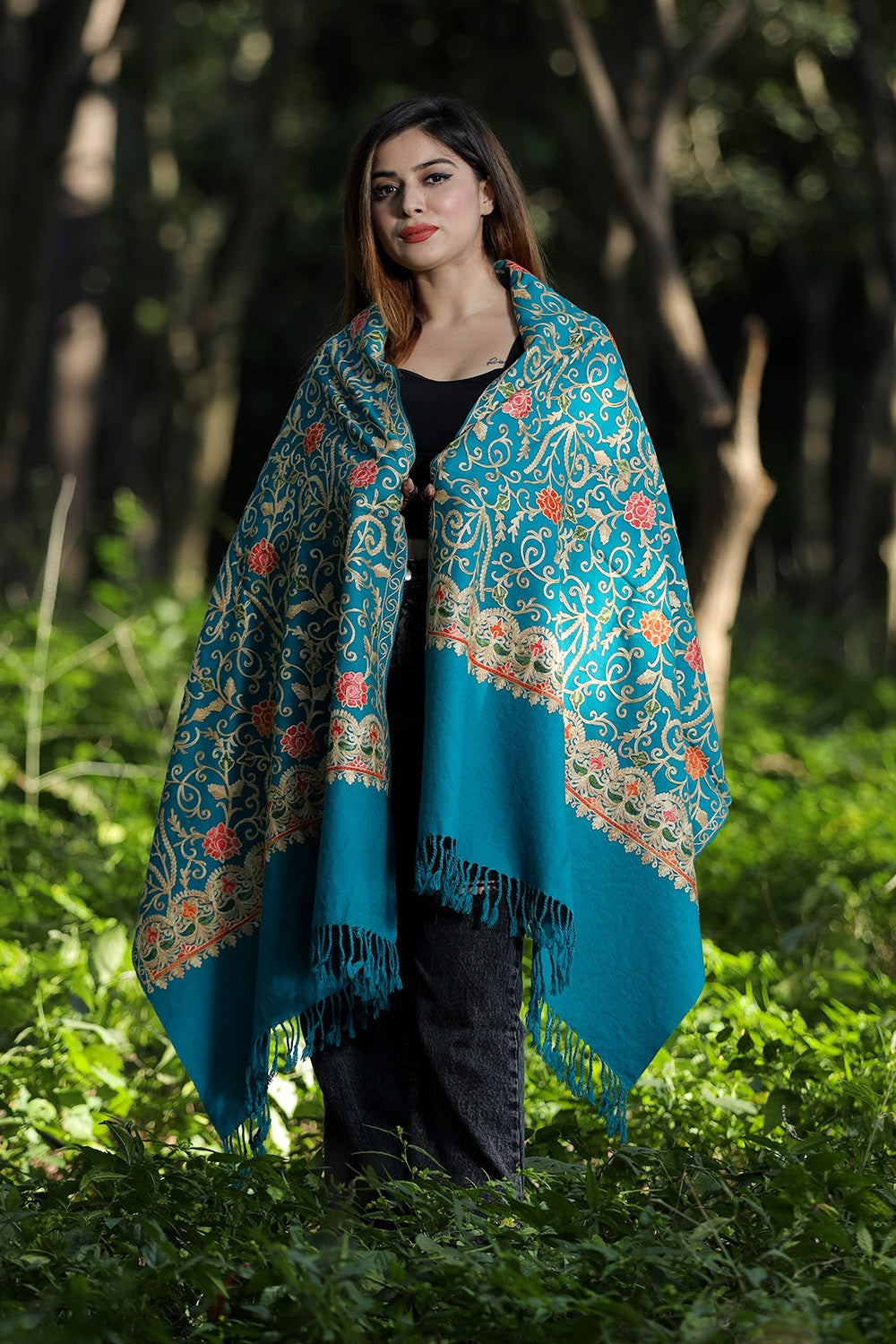 Sea Green Colour Wolen Base With Rich All Over Kashmiri Jaal
