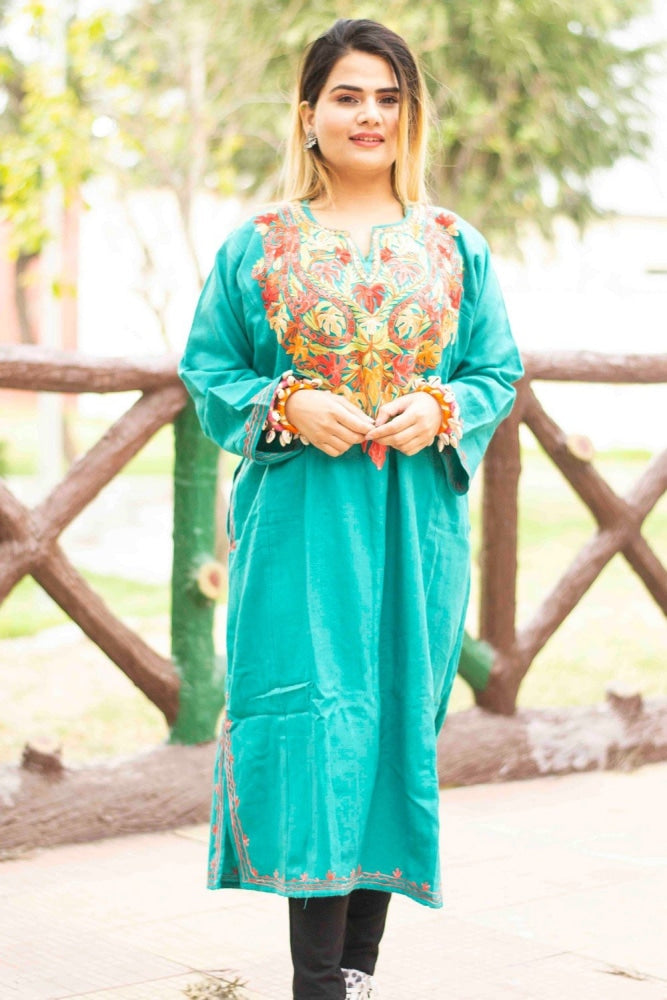 Sea Green Kashmiri Work Embroidered Phiran Enriched