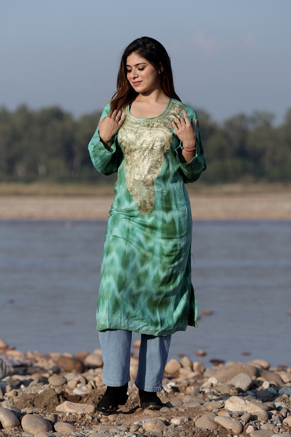 SHADES OF GREEN COLOUR TIE-DYE Aari Tilla Work Embroidered