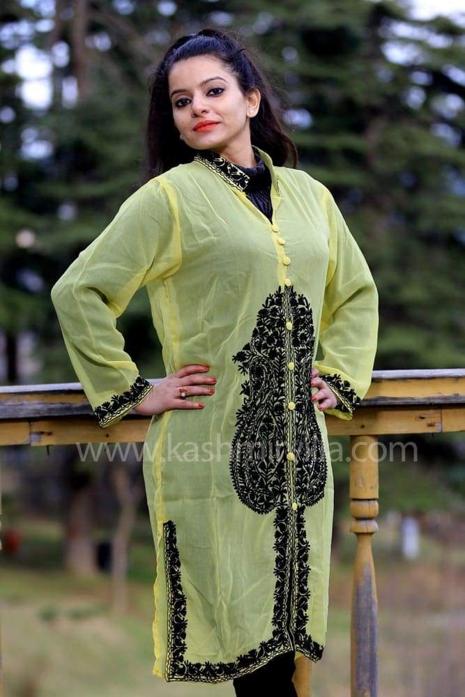 Shining Yellow Colour Georgette Kashmiri Aari Work Designer