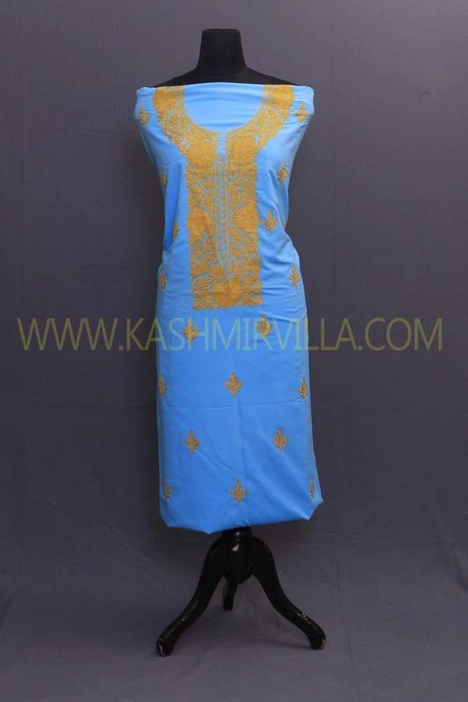 Sky Blue Colour Cotton Suit With Aari Embroidery On Neck