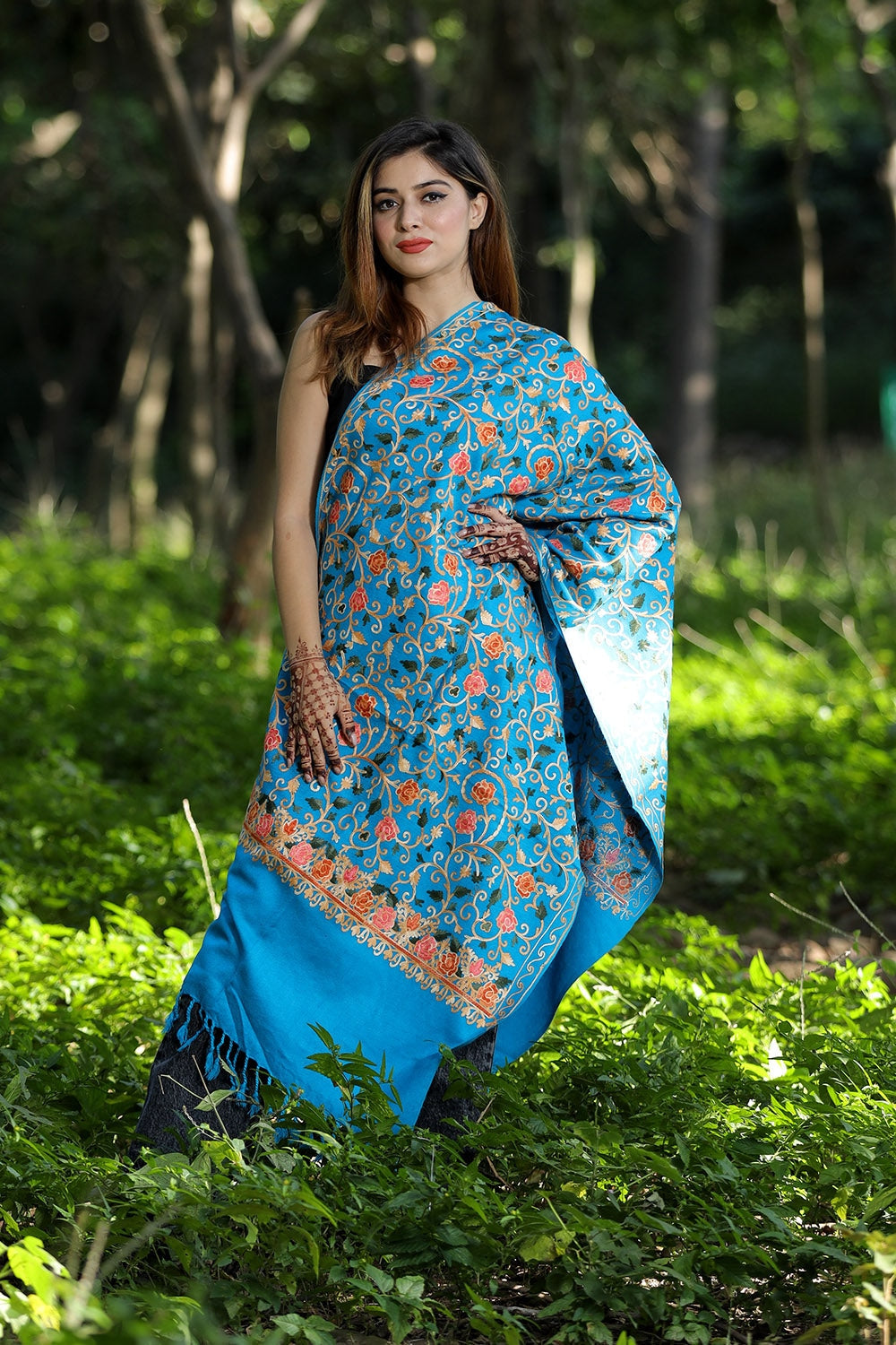 Sky Blue Colour Wolen Base With Rich All Over Kashmiri Jaal