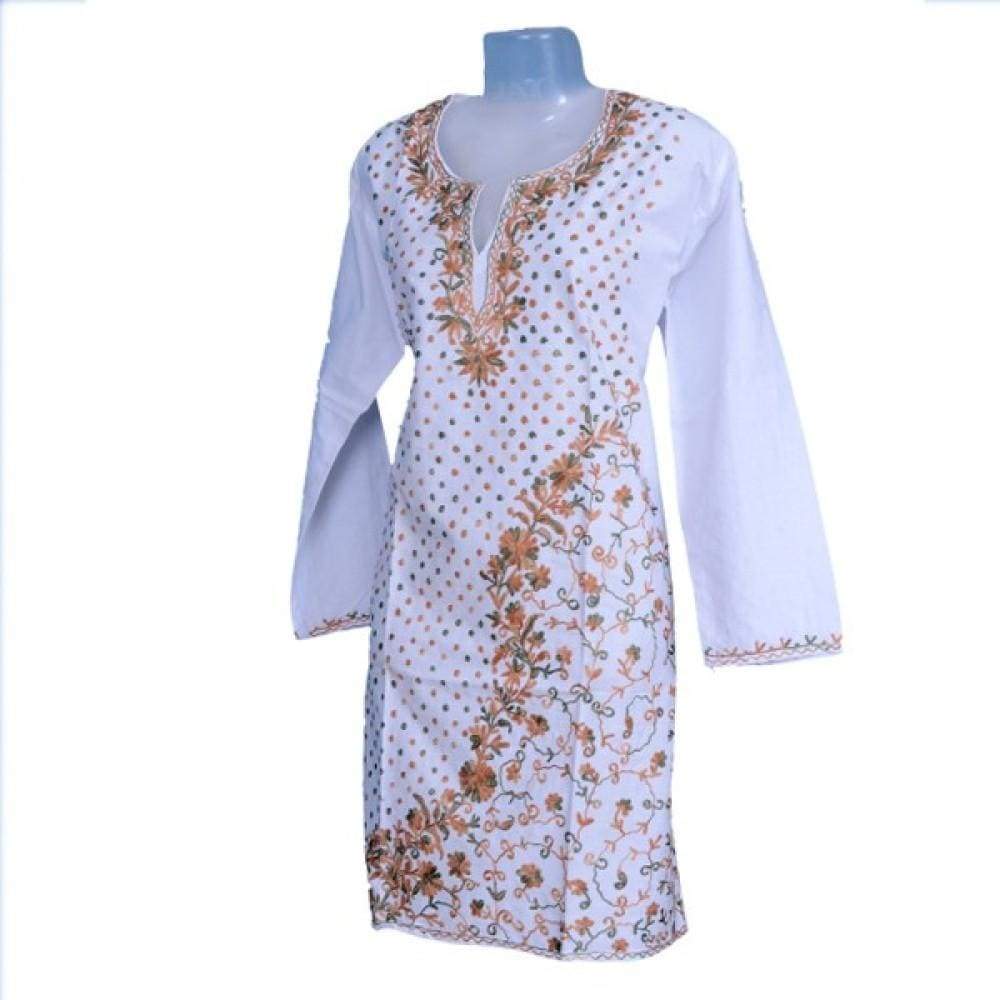 Smooth White Colour Cotton Kashmiri Aari Work Designer Kurti