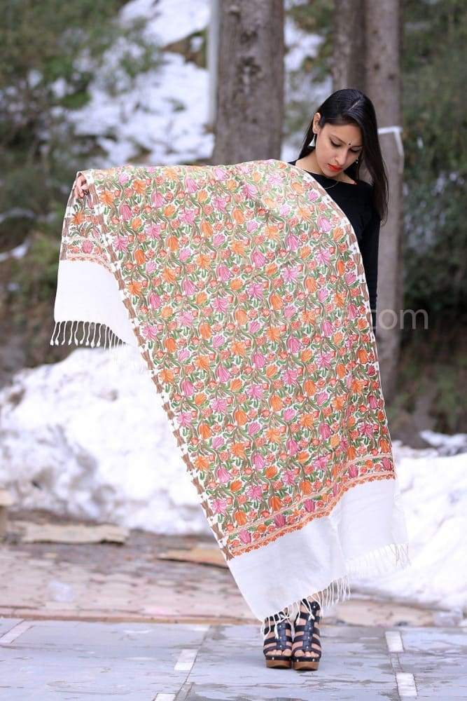 Snow White Color Kashmiri Work Embroidered Stole Enriched