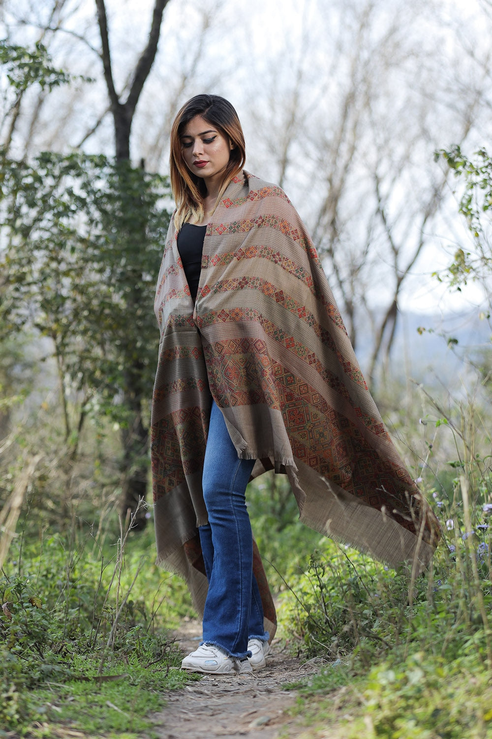 Solid Brown Colour Shawl With Flower Pattern Style Bold