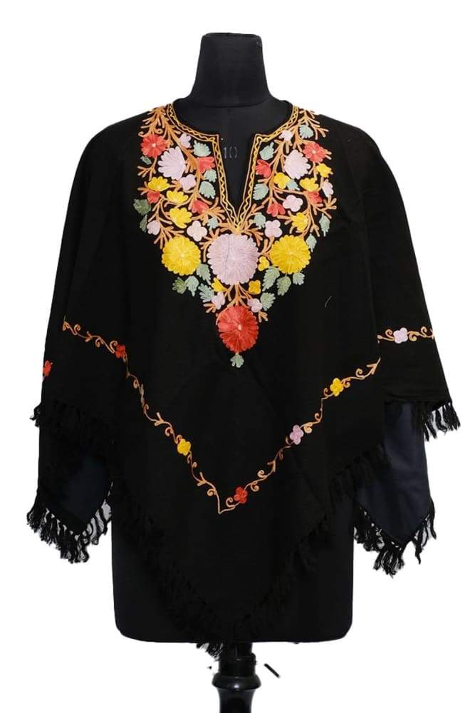 Sooty Black Colour Ponchu With Elegant Kashmiri Embroidery.