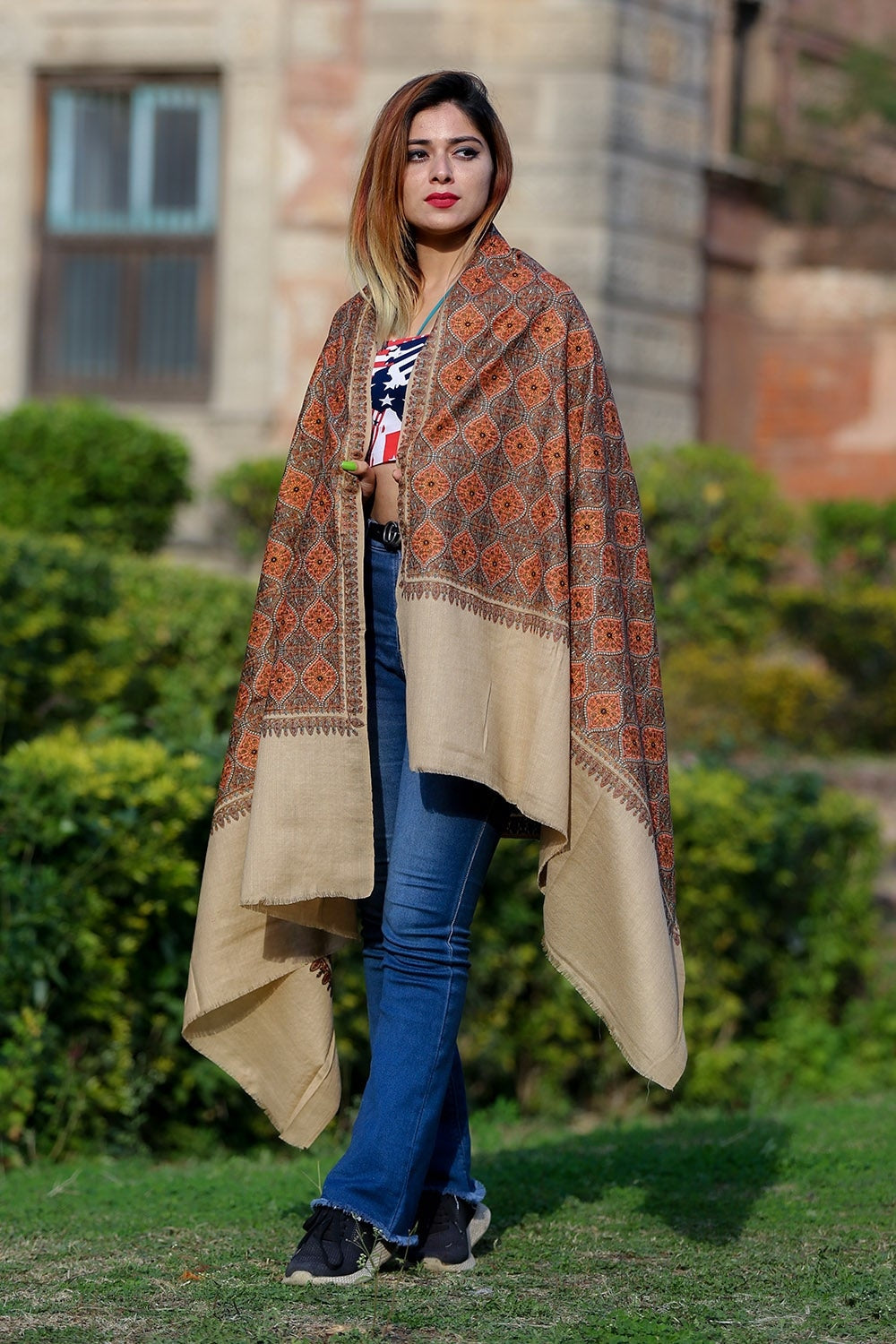 Steady Beige Colour Embroidered Sozni Shawl Enriched
