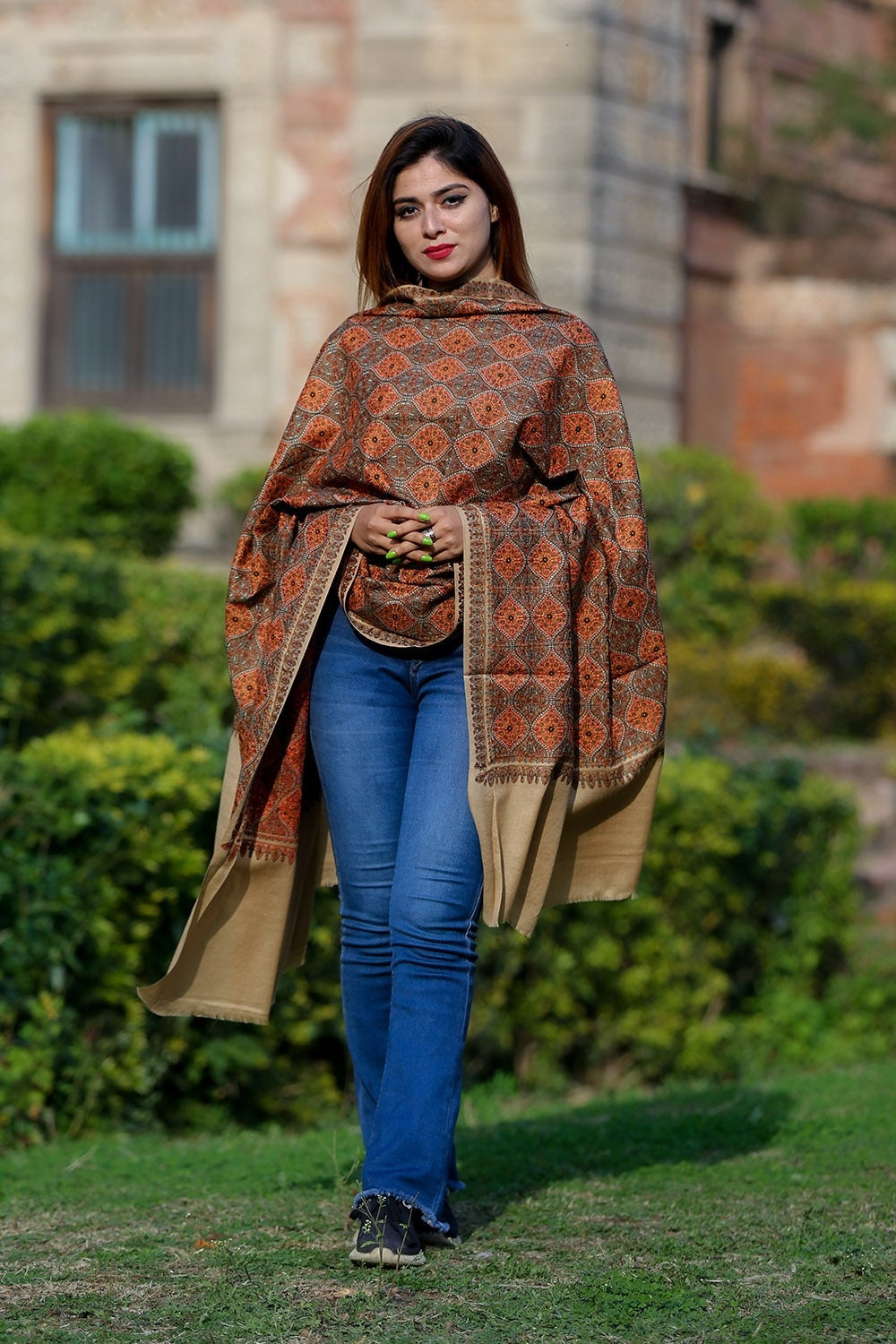 Steady Beige Colour Embroidered Sozni Shawl Enriched