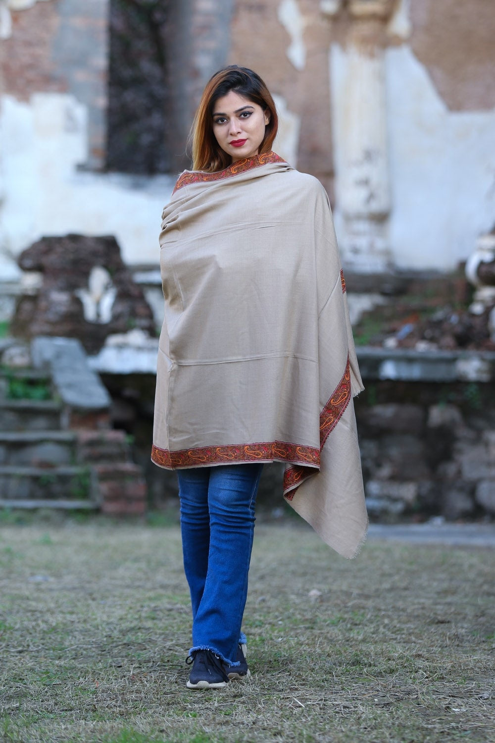 Steady Beige Colour Semi Pashmina Sozni Shawl With Beautiful